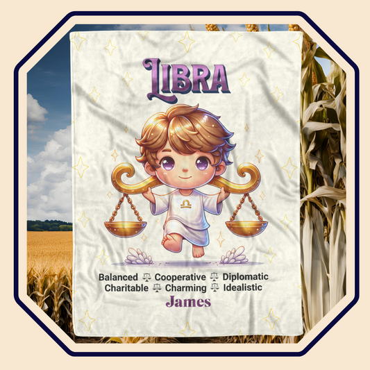 Libra Boy Personalized Fleece or Sherpa Blanket Main Image Mister Obtuse Eclectic Goods