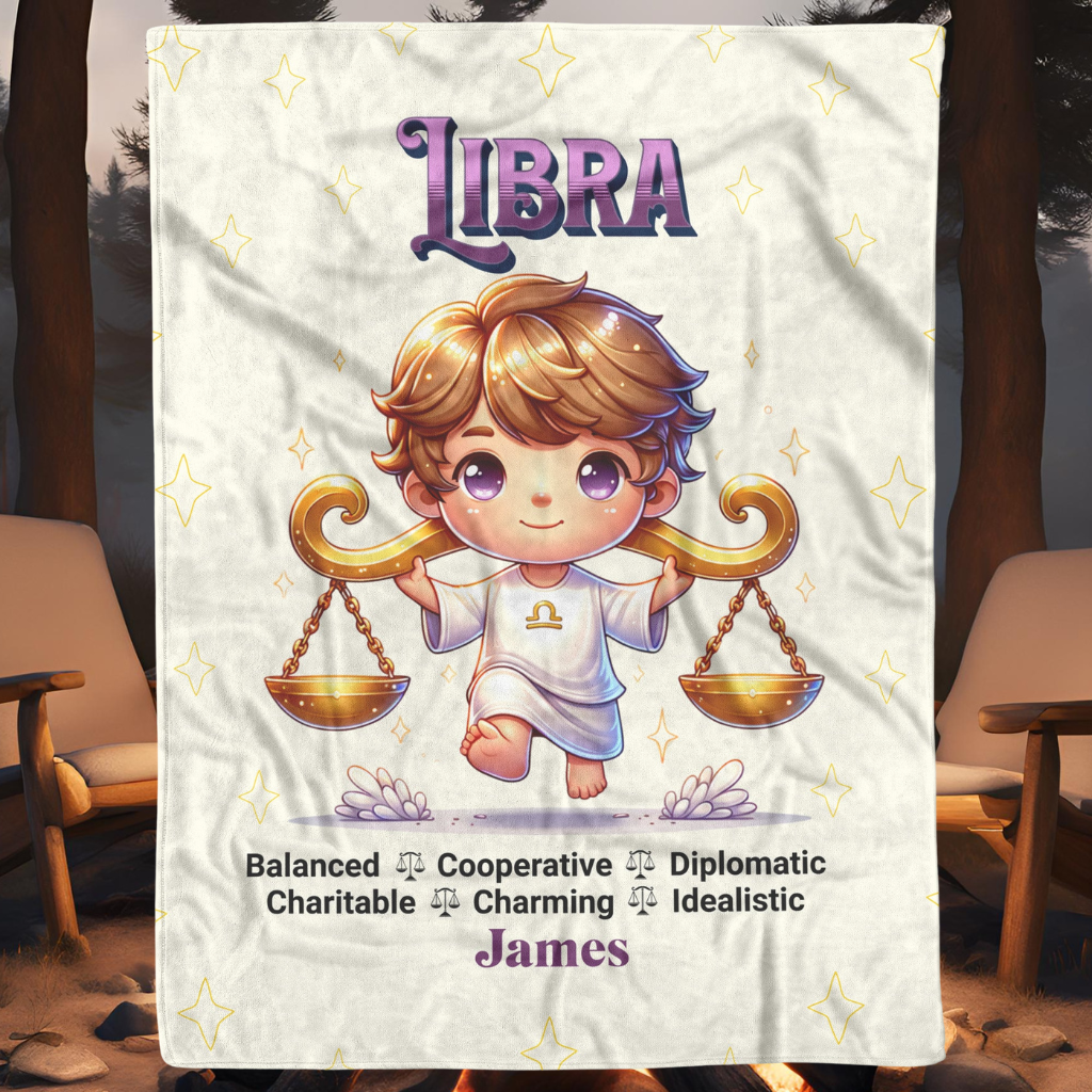 Libra Boy Personalized Fleece or Sherpa Blanket in a camp fire scene Mister Obtuse Eclectic Goods