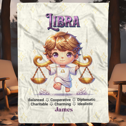 Libra Boy Personalized Fleece or Sherpa Blanket in a camp fire scene Mister Obtuse Eclectic Goods
