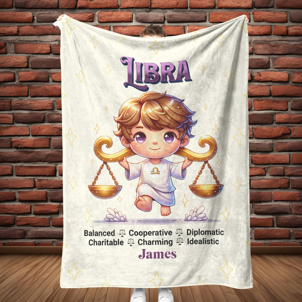 Libra Boy Personalized Fleece or sherpa Blanket full length Mister Obtuse Eclectic Goods