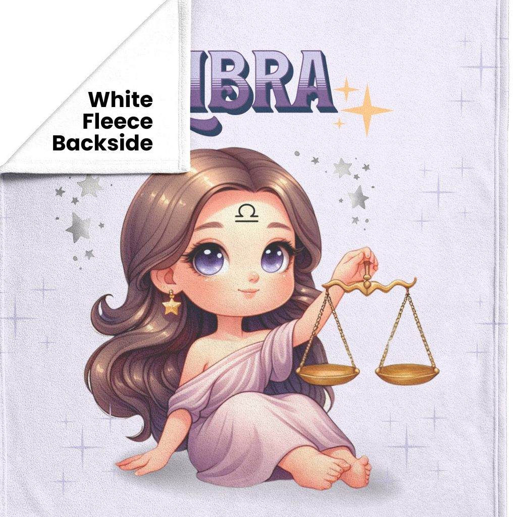 Libra Girl Fleece or sherpa blanket showing white fleece backside mister obtuse eclectic goods