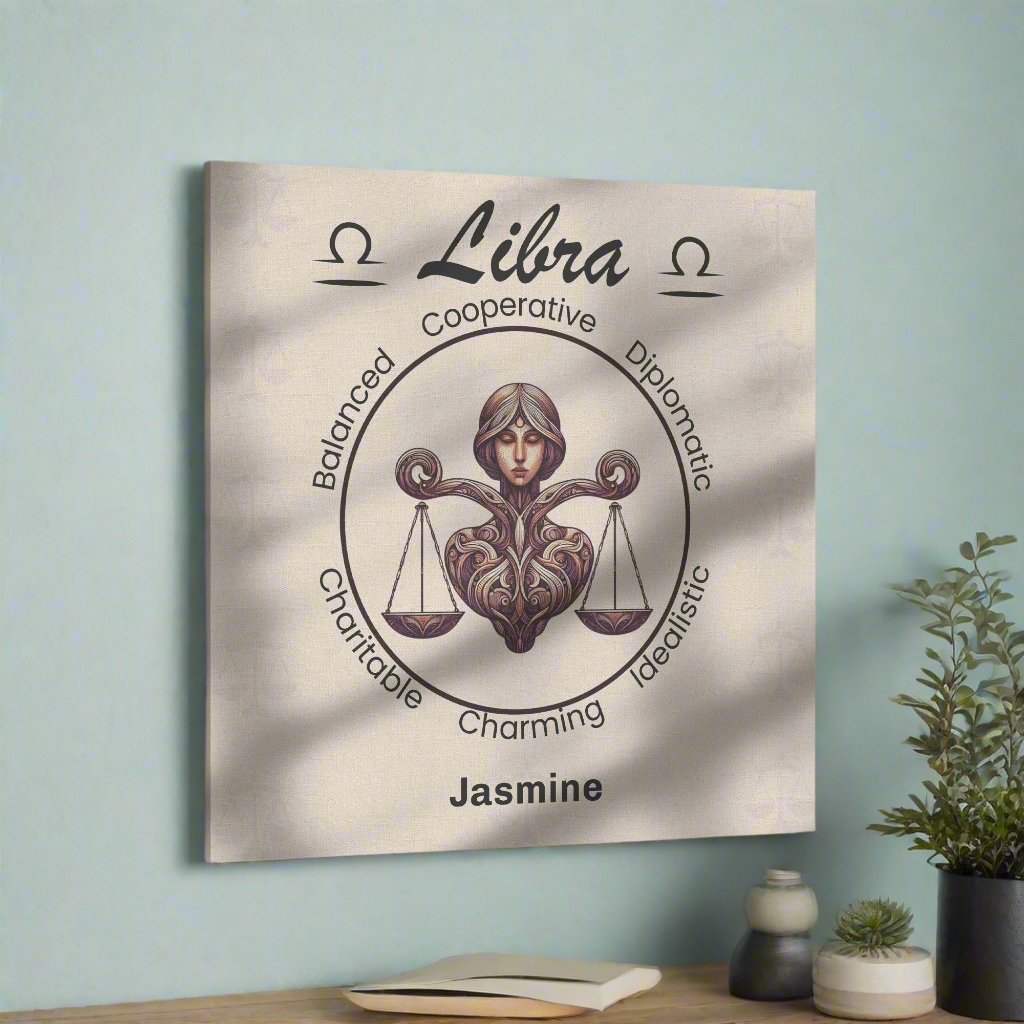 Libra heart centered personalized square canvas wrap on wall with plant and book underneath on shelf mister obtuse eclectic goods