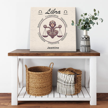 Libra heart centered personalized square canvas resting on shelf with plant wrap mister obtuse eclectic goods