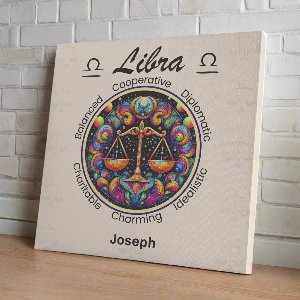 Libra in the stars personalized square canvas wrap resting on white brick wall mister obtuse eclectic goods