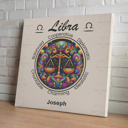 Libra in the stars personalized square canvas wrap resting on white brick wall mister obtuse eclectic goods