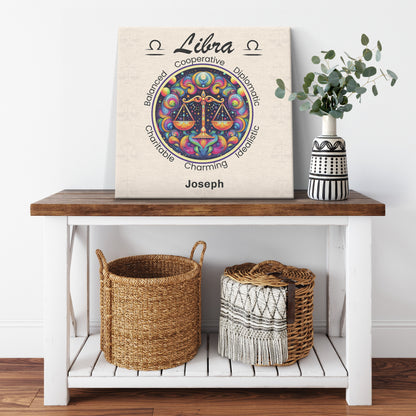 Libra heart centered personalized square canvas wrap resting on shelf with plant mister obtuse eclectic goods