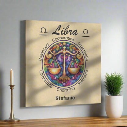 Libra Radiant Fun Personalized Square Canvas Wrap resting on wall with candle and plant on shelf mister obtuse eclectic goods