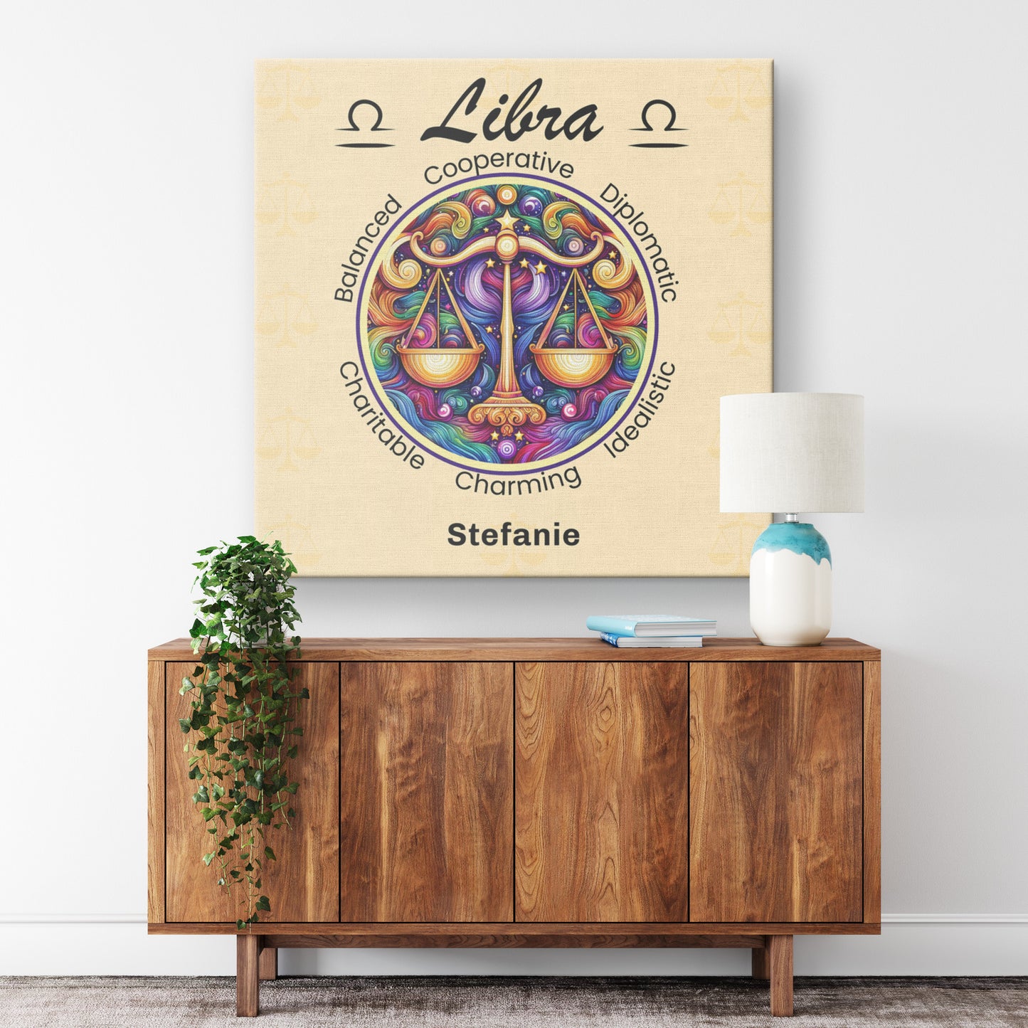 Libra Radiant Fun Personalized Square Canvas Wrap on wall above cabinet mister obtuse eclectic goods