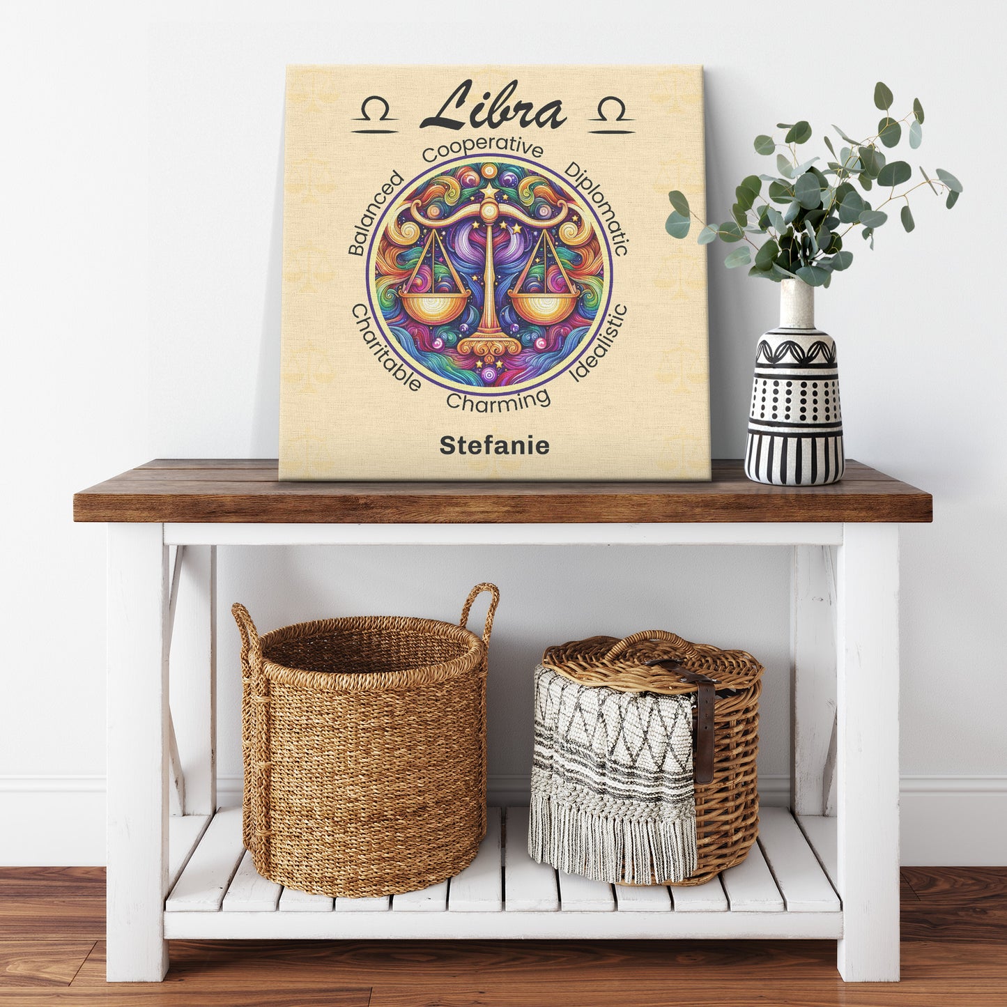 Libra Radiant Fun Personalized Square Canvas Wrap resting on shelf with plantl mister obtuse eclectic goods