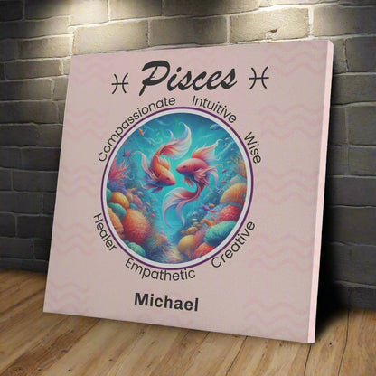 Pisces Coral Dreams Square Canvas Wrap resting against grey brick wall with spotlight Mister Obtuse Eclectic Goods