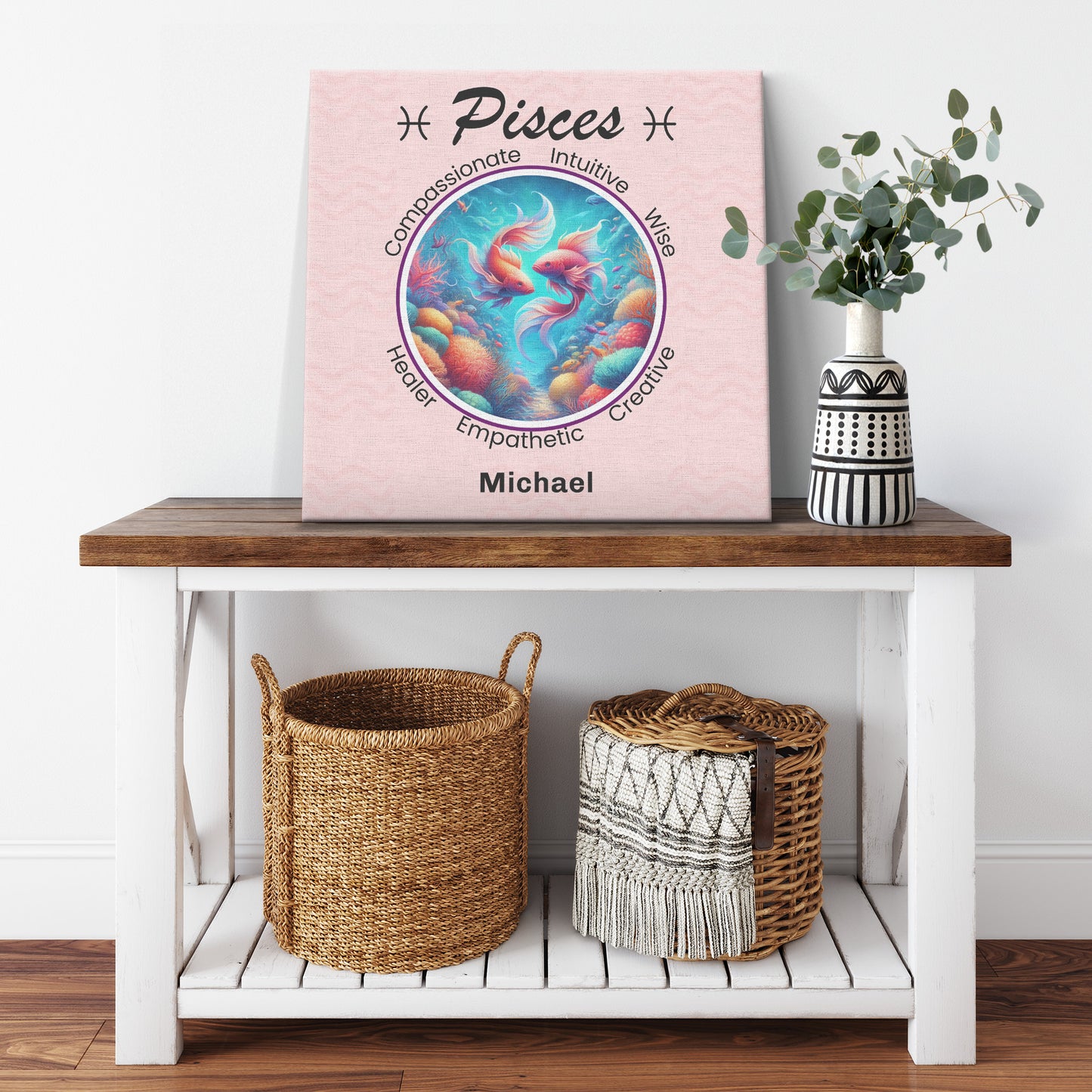 Pisces Coral Dreams Square Canvas Wrap resting on table with plant Mister Obtuse Eclectic Goods