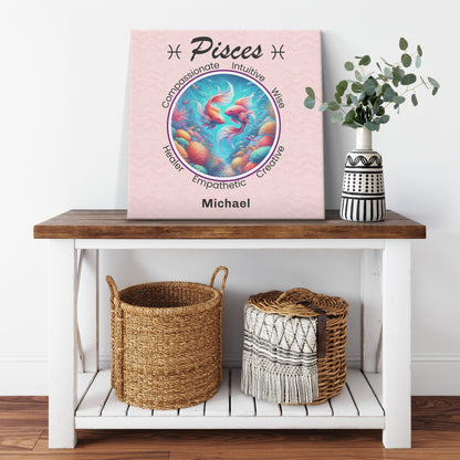 Pisces Coral Dreams Square Canvas Wrap resting on table with plant Mister Obtuse Eclectic Goods