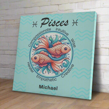 Pisces Fancy Square Canvas Wrap resting against a white brick wall Mister Obtuse Eclectic Goods