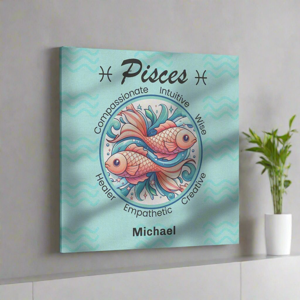 Pisces Fancy Square Canvas Wrap on the wall above a white shelf Mister Obtuse Eclectic Goods