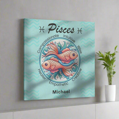 Pisces Fancy Square Canvas Wrap on the wall above a white shelf Mister Obtuse Eclectic Goods
