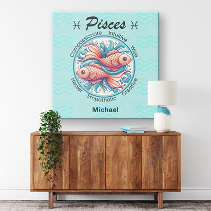 Pisces Fancy Square Canvas Wrap on wall above a credenza Mister Obtuse Eclectic Goods