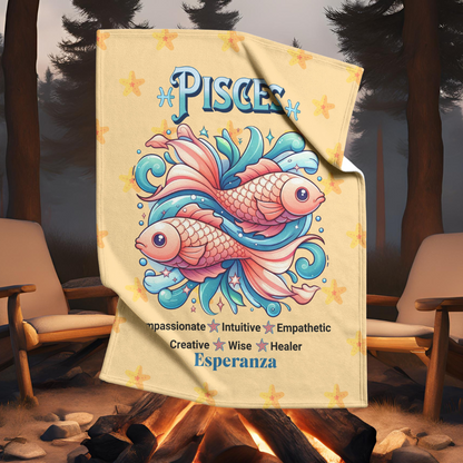 Pisces Personalized Fleece or Sherpa Blanket in a campfire setting Mister Obtuse Eclectic Goods