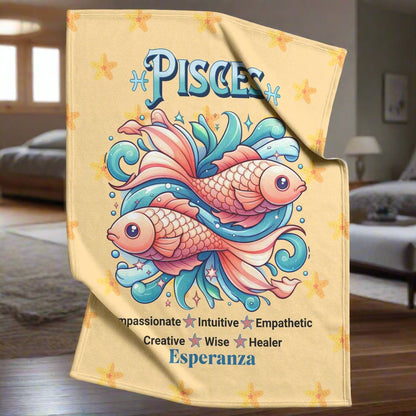 Pisces personalized fleece or sherpa blanket in a warm and cozy bedroom setting mister obtuse eclectic goods