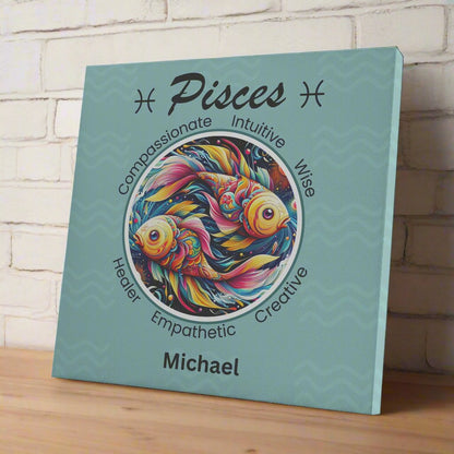 Pisces Personalized square canvas wrap on a shelf against a brick wall mister obtuse eclectic goods