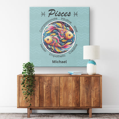 Pisces bold Square Canvas Wrap  on white wall above credenza Mister Obtuse Eclectic Goods