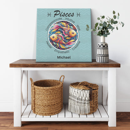 Pisces bold Square Canvas Wrap  resting on table with plant Mister Obtuse Eclectic Goods