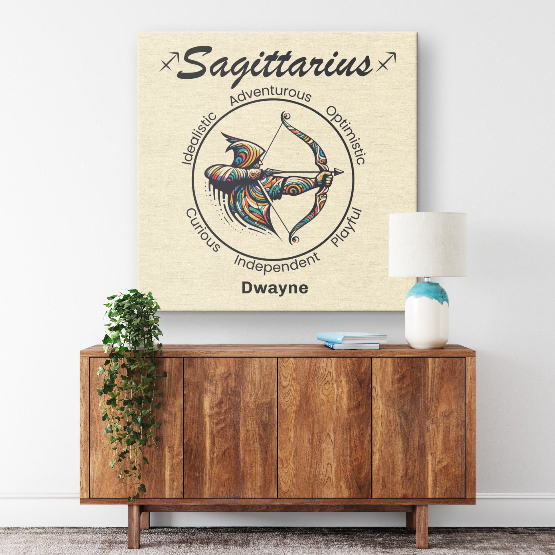 Sagittarius aim true Personalized Square Canvas Wrap on wall above cabinet mister obtuse eclectic goods