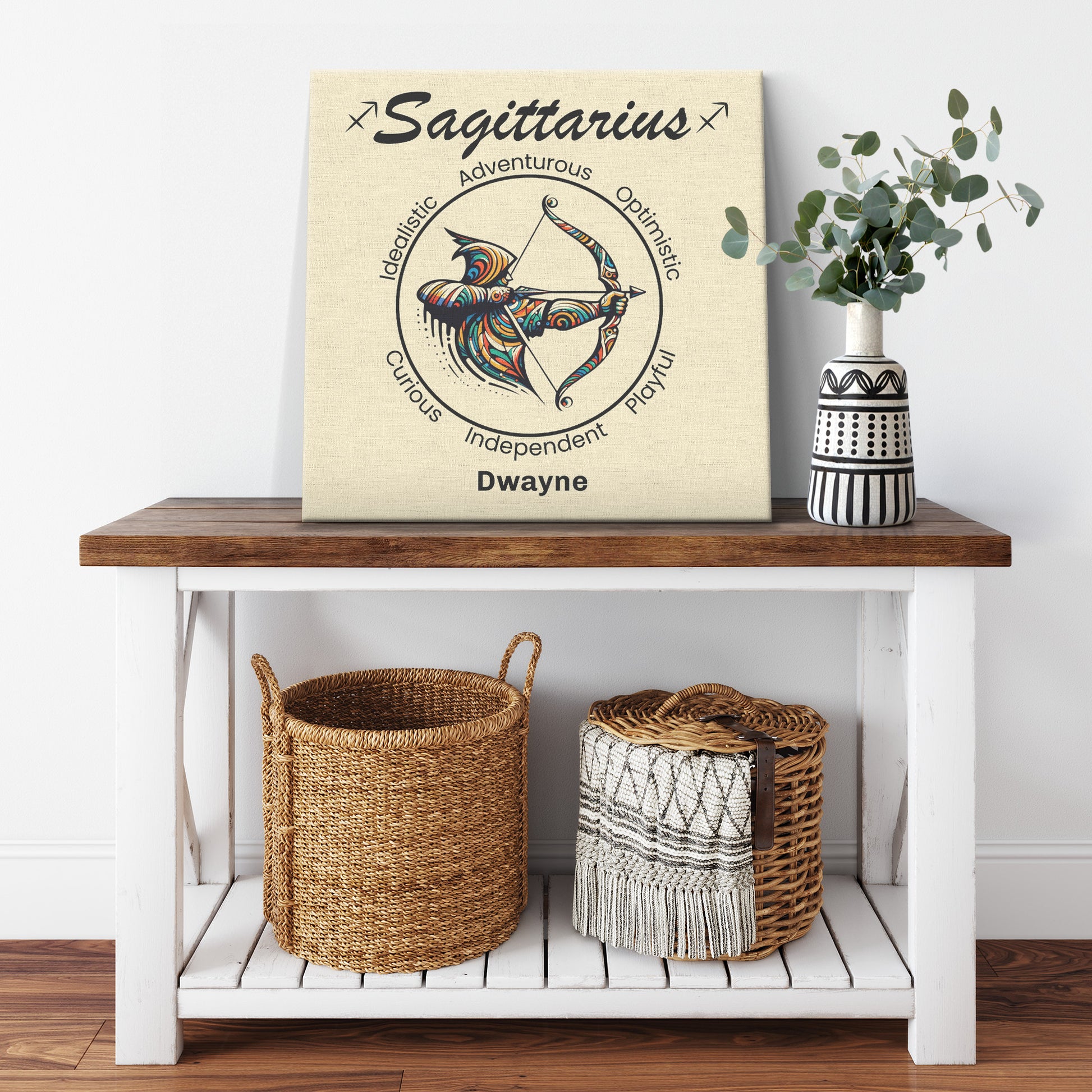 Sagittarius aim true Personalized Square Canvas Wrap on cabinet shelf with plant mister obtuse eclectic goods