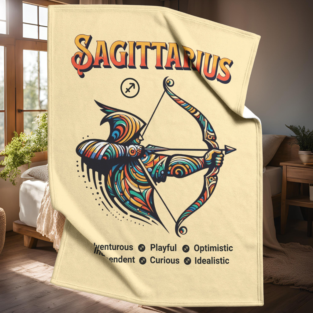 Sagittarius Fleece or sherpa blanket showing bedroom setting mister obtuse eclectic goods