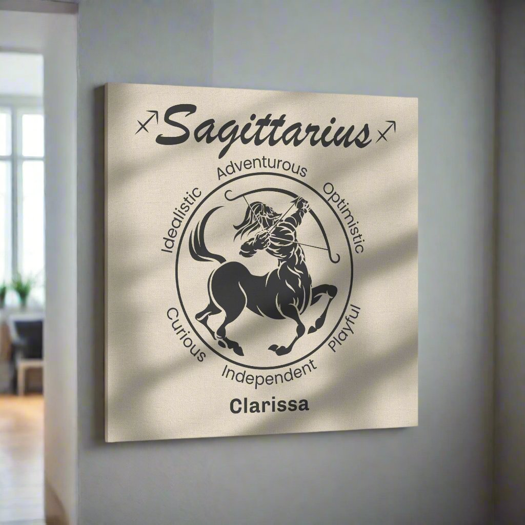 Sagittarius Minimalist Personalized Square Canvas Wrap on light blue wall mister obtuse eclectic goods