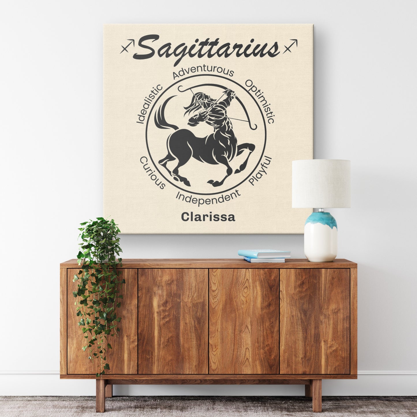 Sagittarius Minimalist Personalized Square Canvas Wrap on wall above cabinet mister obtuse eclectic goods