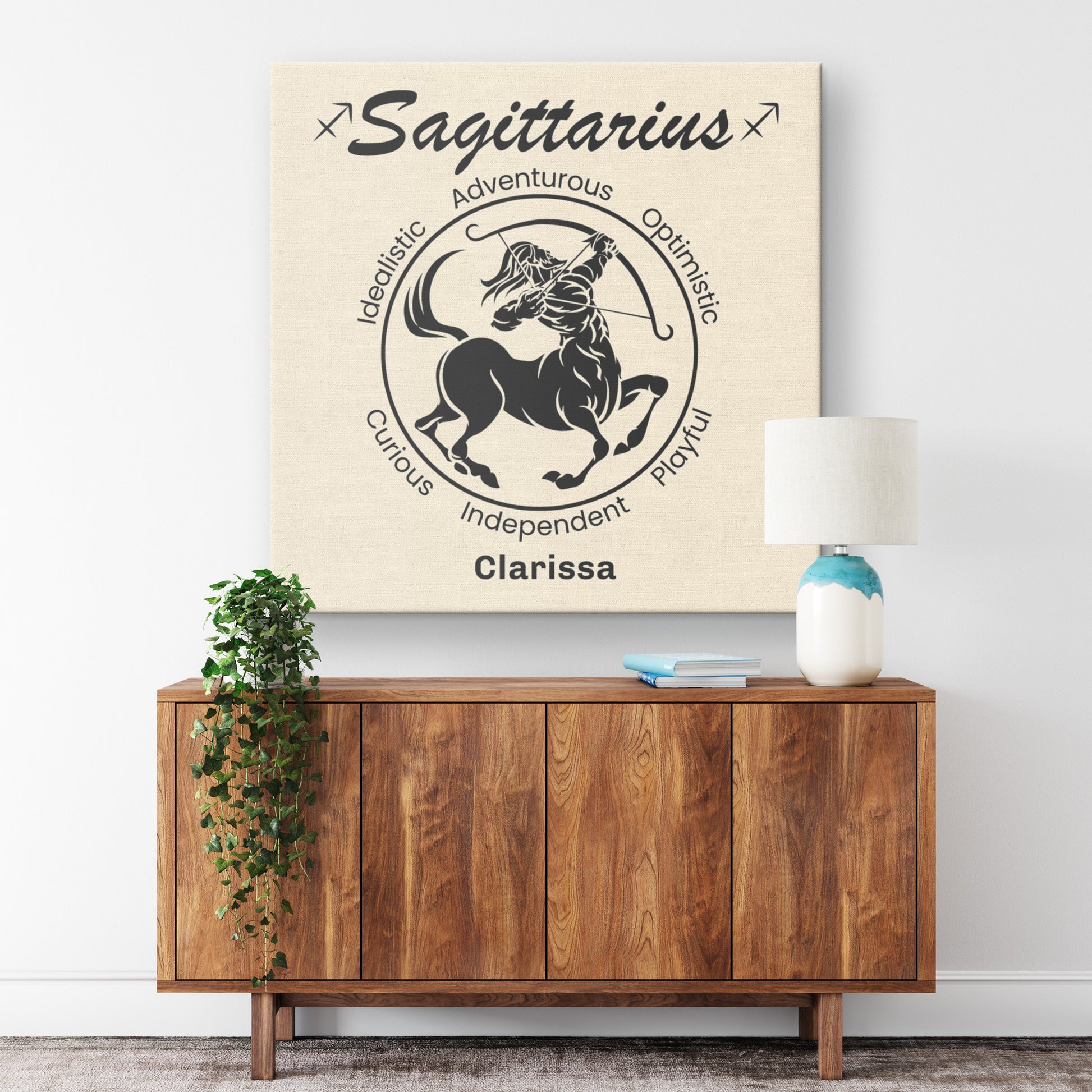 Sagittarius Minimalist Personalized Square Canvas Wrap on wall above cabinet mister obtuse eclectic goods