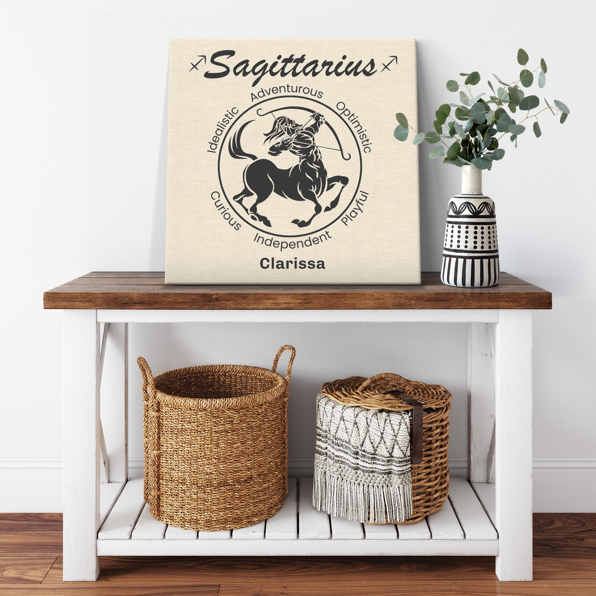 Sagittarius Minimalist Personalized Square Canvas Wrap on cabinet shelf with plant mister obtuse eclectic goods