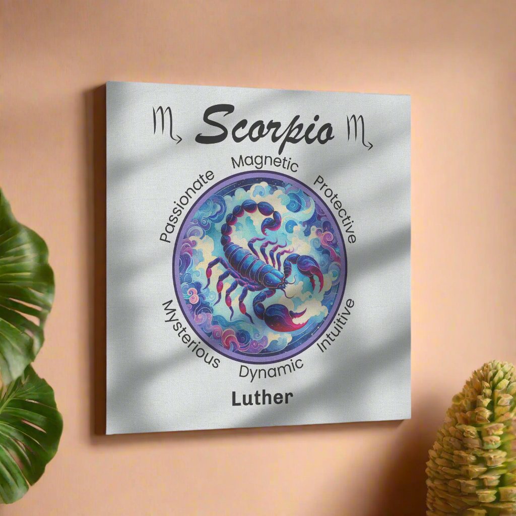 Scorpio Dreams Personalized Square Canvas Wrap on peach colored wall with floor plants mister obtuse eclectic goods