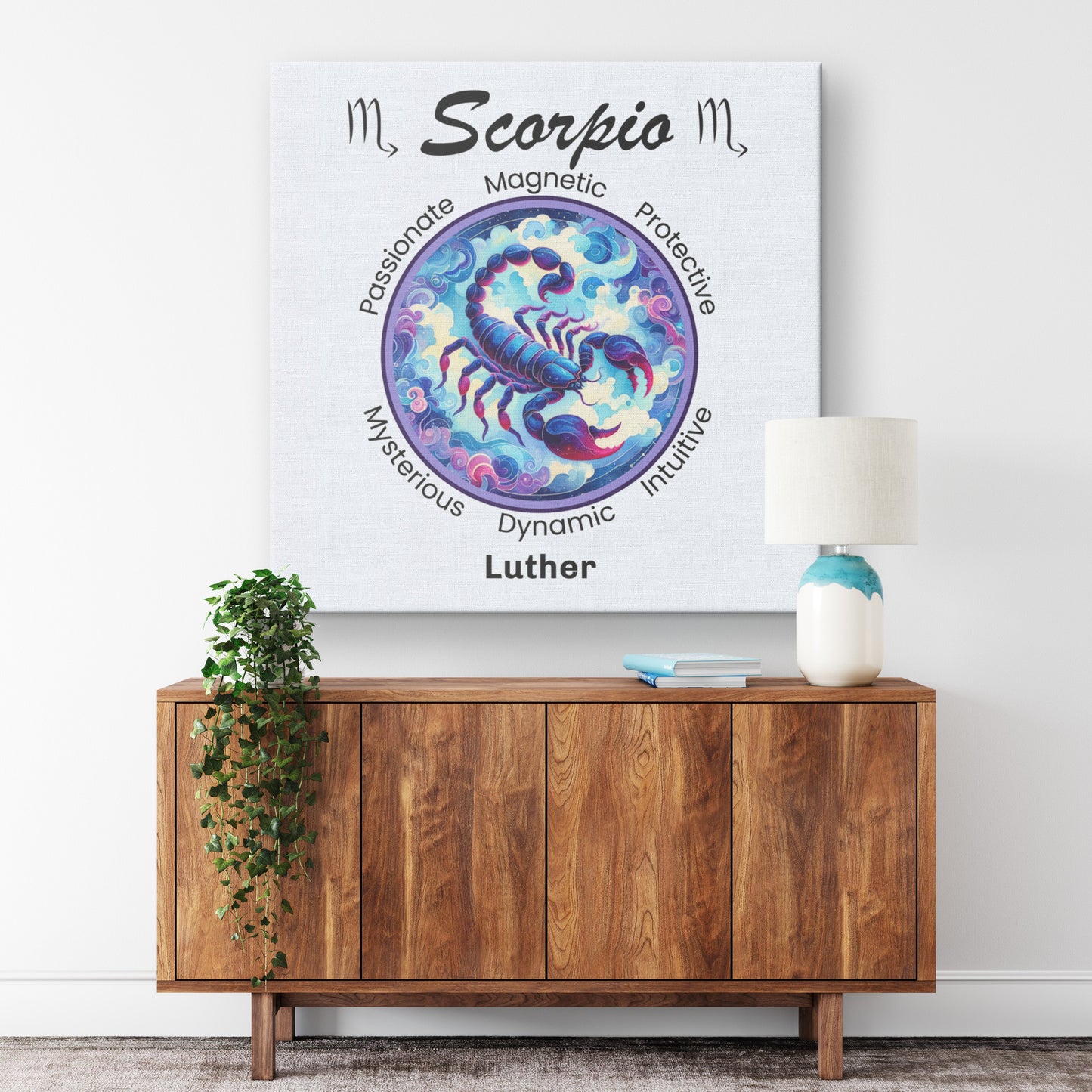 Scorpio Dreams Personalized Square Canvas Wrap on wall above cabinet mister obtuse eclectic goods