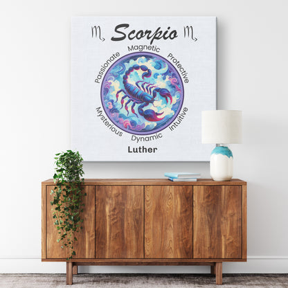 Scorpio Dreams Personalized Square Canvas Wrap on wall above cabinet mister obtuse eclectic goods
