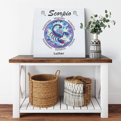 Scorpio Dreams Personalized Square Canvas Wrap on shelf with plant mister obtuse eclectic goods