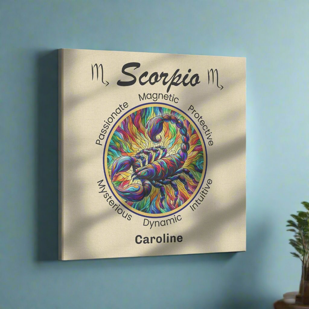 Scorpio Intensity Personalized Square Canvas Wrap on light blue wall mister obtuse eclectic goods