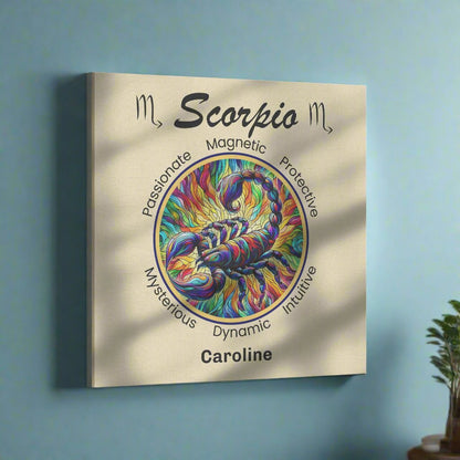 Scorpio Intensity Personalized Square Canvas Wrap on light blue wall mister obtuse eclectic goods