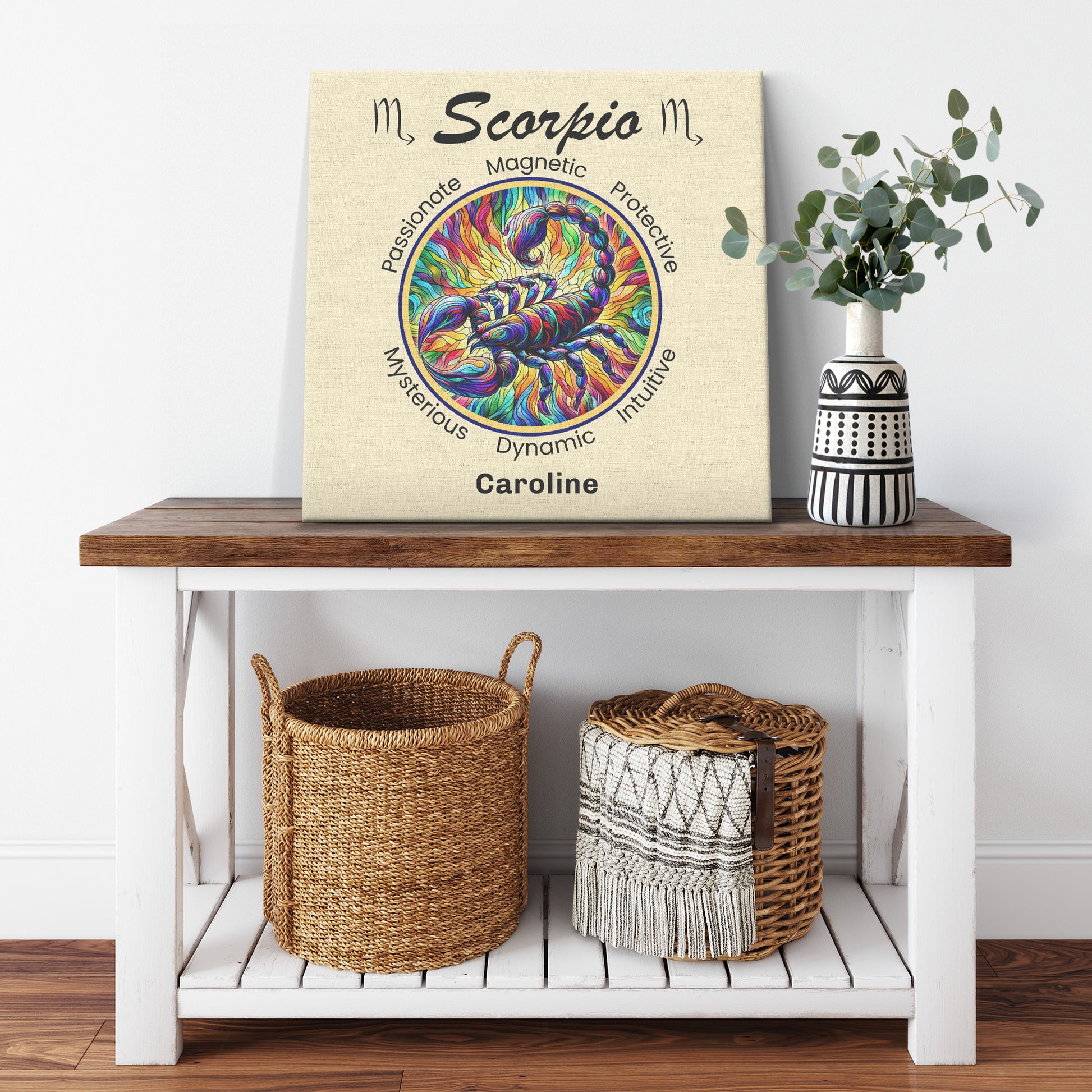 Scorpio Intensity Personalized Square Canvas Wrap on shelf with plant mister obtuse eclectic goods