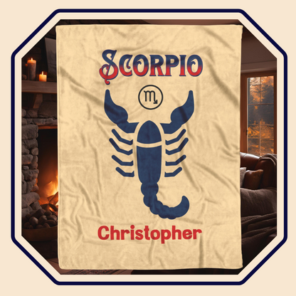 Scorpio Personalized Fleece or Sherpa Blanket showing white sherpa backside Mister Obtuse Eclectic Goods