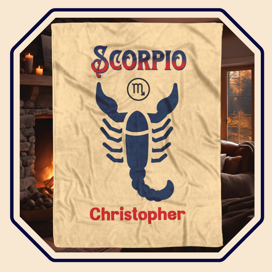 Scorpio Personalized Fleece or Sherpa Blanket showing white sherpa backside Mister Obtuse Eclectic Goods