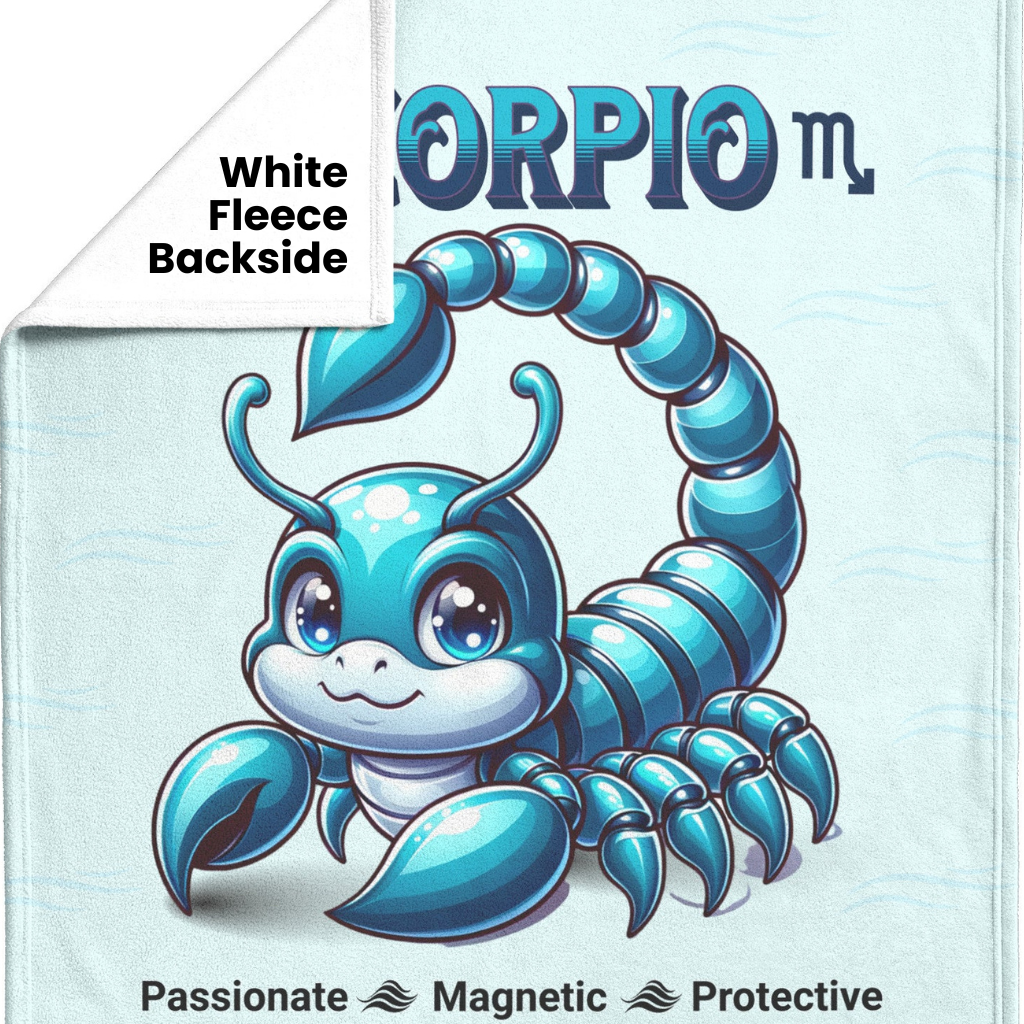 Scorpio Personalized Fleece or Sherpa Blanket displaying white fleece backside Mister Obtuse Eclectic Goods