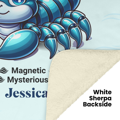 Scorpio Personalized Fleece or Sherpa Blanket displaying white sherpa backside Mister Obtuse Eclectic Goods