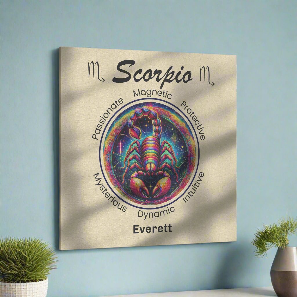 Scorpio Stellar Mystery Personalized Square Canvas Wrap on light blue wall mister obtuse eclectic goods