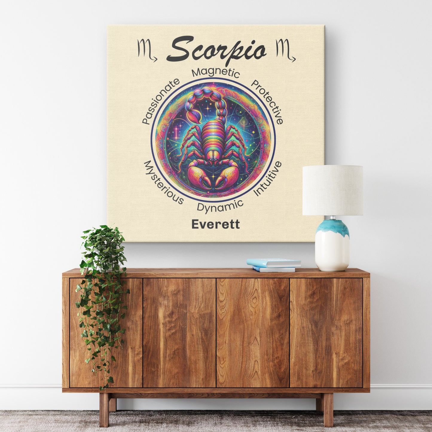 Scorpio Stellar Mystery Personalized Square Canvas Wrap on wall above cabinet mister obtuse eclectic goods
