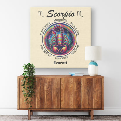 Scorpio Stellar Mystery Personalized Square Canvas Wrap on wall above cabinet mister obtuse eclectic goods
