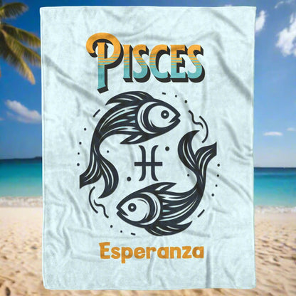 Pisces personalized minimalist fleece or sherpa blanket with a beautiful beach setting in the background mister obtuse eclectic goods