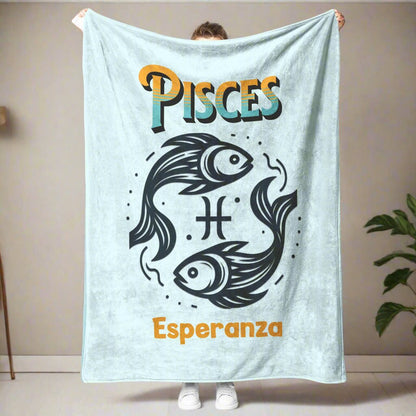 Pisces personalized minimalist fleece or sherpa blanket with a beautiful backwall in a living room setting mister obtuse eclectic goods