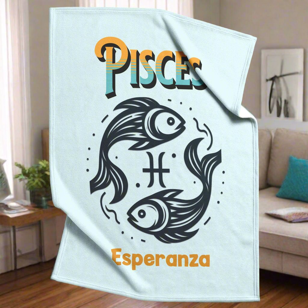 Pisces Minimalist Personalized blanket in a living room setting mister obtuse eclectic goods