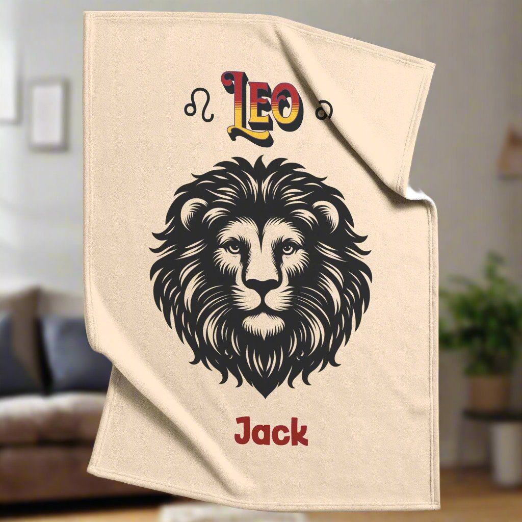 Leo Minimalist Personalized Fleece or Sherpa Blanket in living room setting Mister Obtuse Eclectic Goods